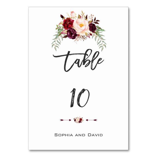 Burgundy Marsala Floral Handwriting Table Number (Back)