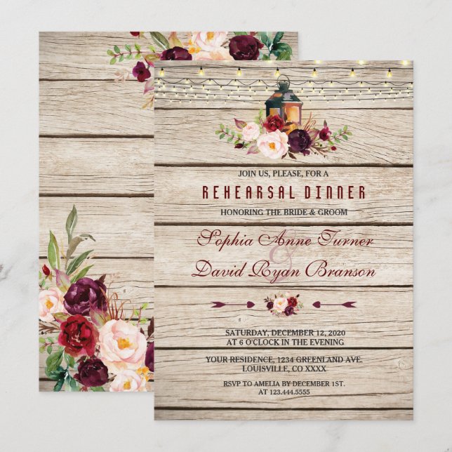 Burgundy Marsala Floral Lantern Rehearsal Dinner Invitation (Front/Back)