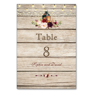 Burgundy Marsala Floral Lantern Wood Table Number
