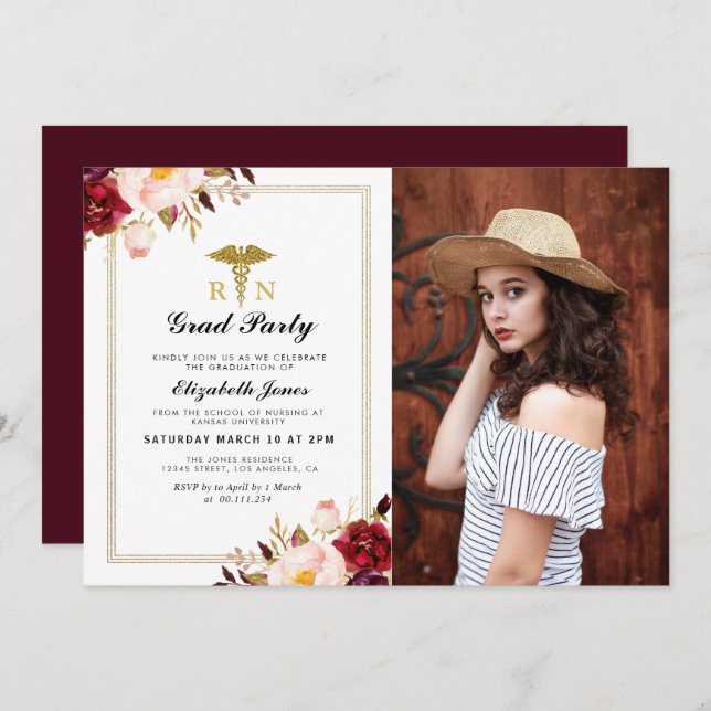 Burgundy marsala floral nursing school graduation invitation (Front/Back)