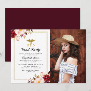 Burgundy marsala floral nursing school graduation invitation