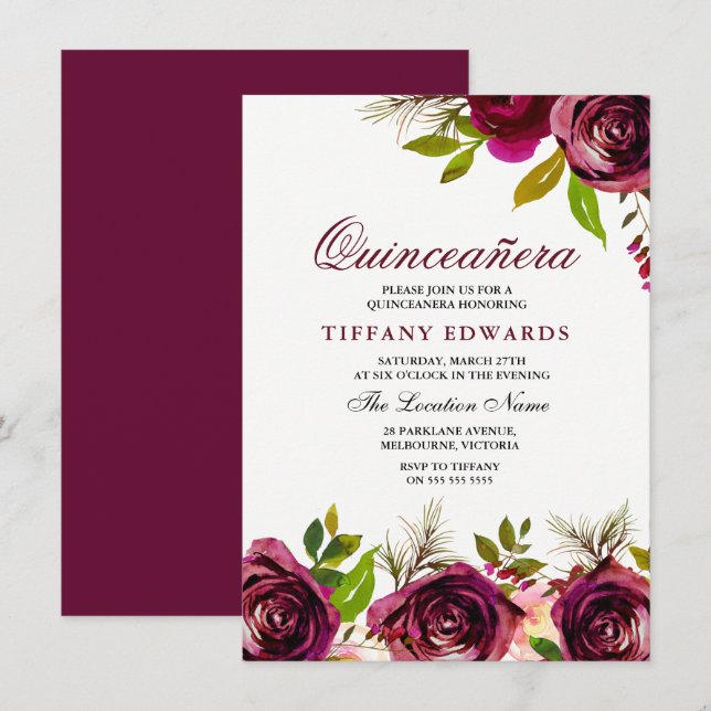 Burgundy Marsala Floral Quinceañera Invitation (Front/Back)