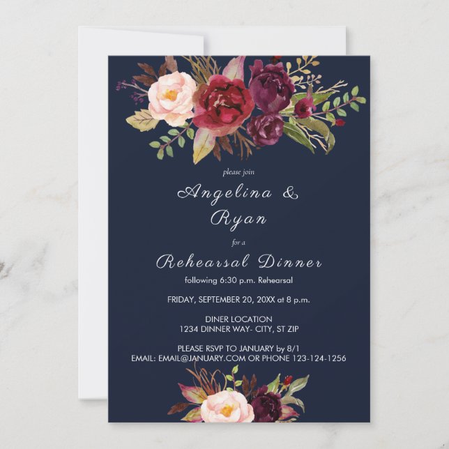 Burgundy Marsala Floral Rehearsal Dinner - Navy Invitation (Front)