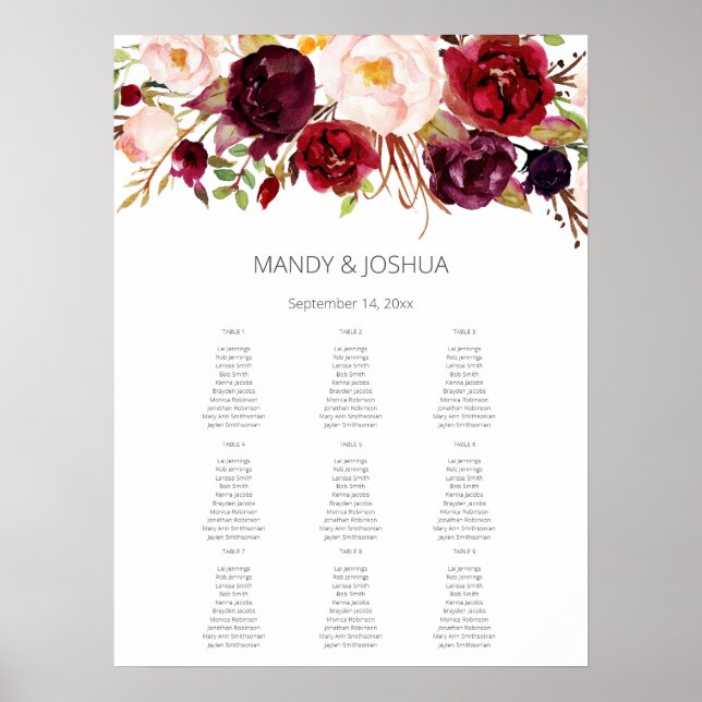 Burgundy Marsala Floral Seating Chart -9 White (Front)