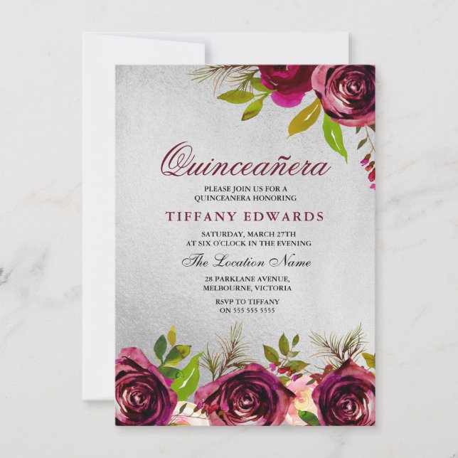 Burgundy Marsala Floral Silver Quinceañera Invite (Front)