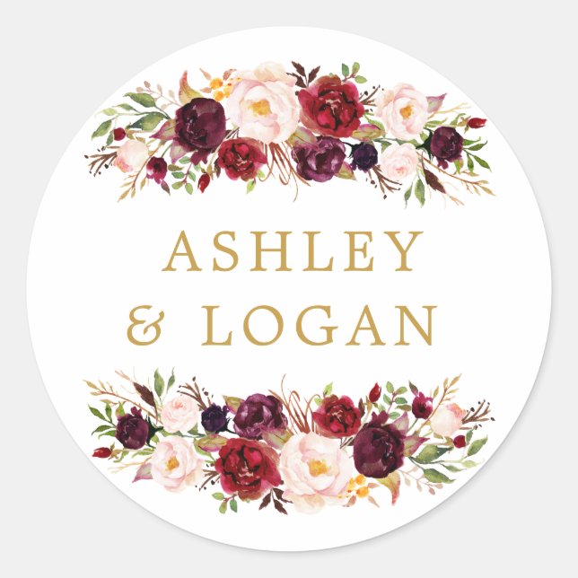 Burgundy Marsala Floral Wedding Favor Sticker (Devant)