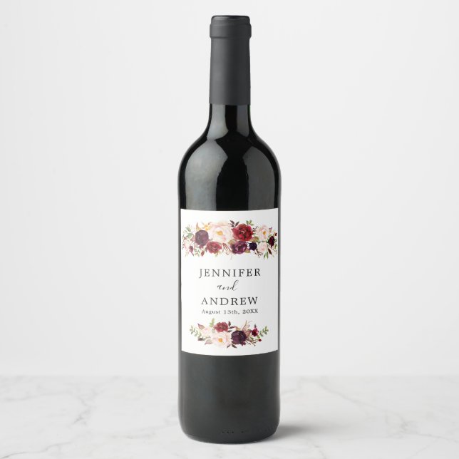 Burgundy Marsala Floral Wedding Favour Wine Label (Front)