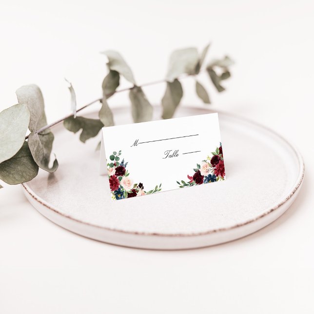 Burgundy Marsala Floral Wedding Place Card (Burgundy Marsala Navy Blush Floral Wedding Place Card)
