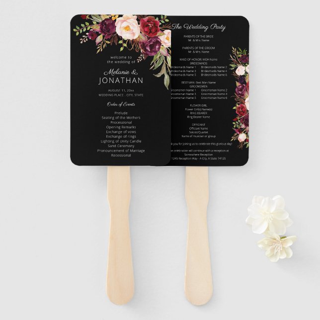 Burgundy Marsala Floral Wedding Program Black V2 Hand Fan (Front and Back)