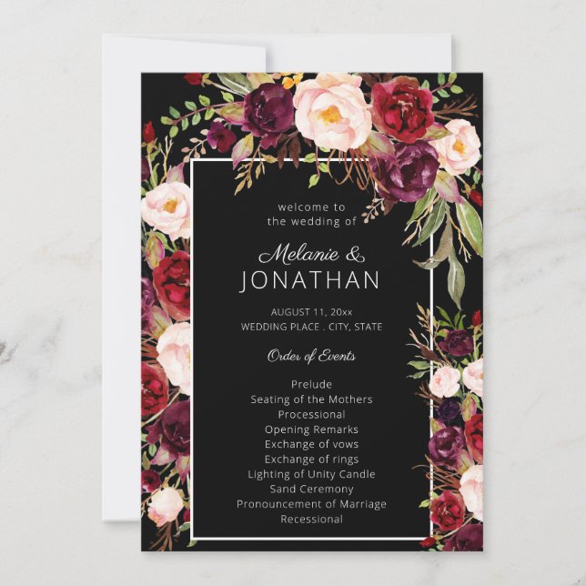 Burgundy Marsala Floral Wedding Program Black V3 (Front)