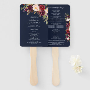 Burgundy Marsala Floral Wedding Program Navy V2 Hand Fan