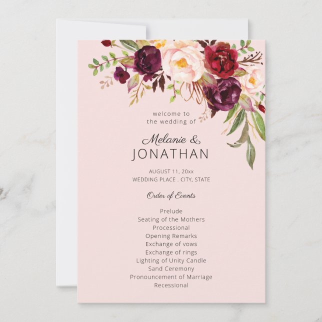 Burgundy Marsala Floral Wedding Program Pink V2 (Front)