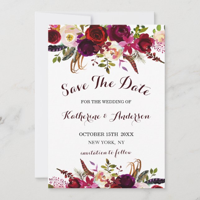 Burgundy Marsala Floral Wedding Save the Date (Front)
