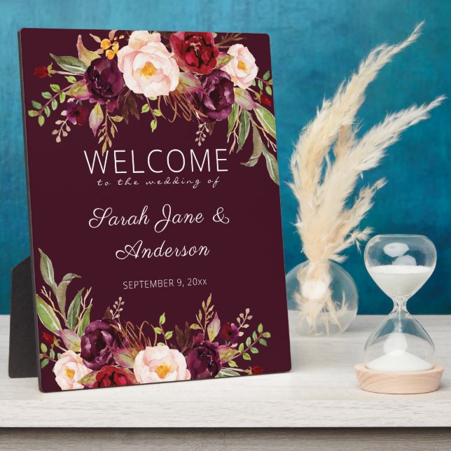 Burgundy Marsala Floral Welcome Sign - Burgundy Plaque (Side)