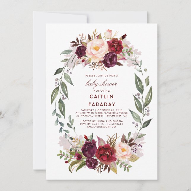 Burgundy - Marsala Floral Wreath Baby Shower Invitation (Front)