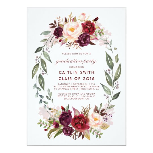 Burgundy - Marsala Floral Wreath Graduation Party Card