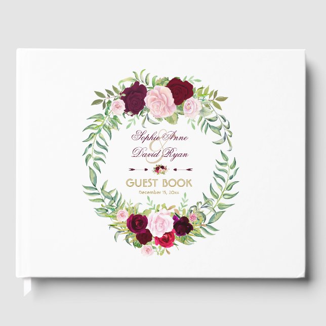 Burgundy Marsala Floral Wreath Wedding Guest Book (Front)