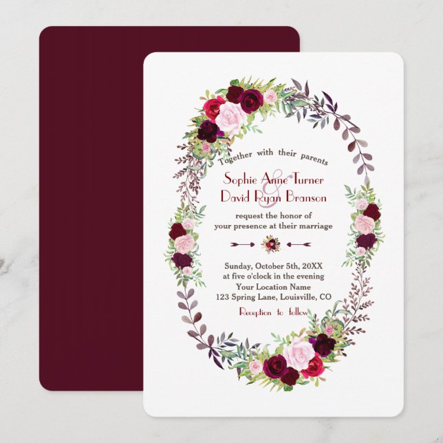 Burgundy Marsala Floral Wreath Wedding Invitation (Front/Back)