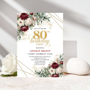 Burgundy Marsala Flowers Greenery 80th Birthday Invitation