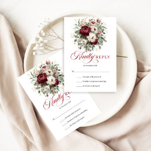 Burgundy Marsala Flowers Greenery Wedding RSVP Car Card
