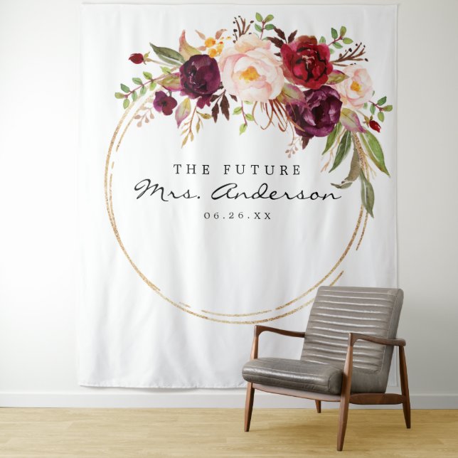 Burgundy Marsala Future Mrs Bridal Shower Backdrop Tapestry (In Situ)