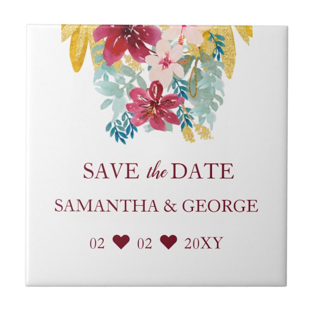 Burgundy Marsala Gold Floral Botanical Wedding Tile (Front)