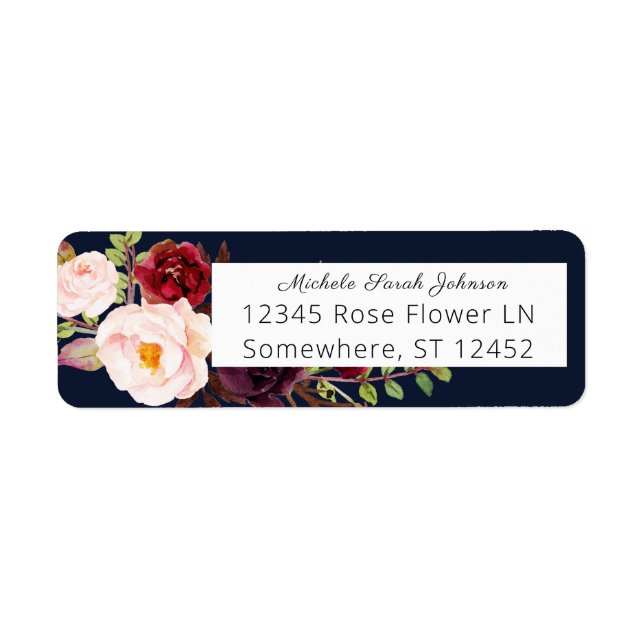 Burgundy Marsala Pink Floral Wedding Navy Address (Front)