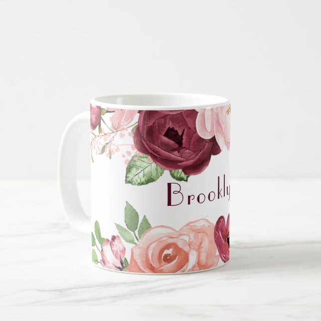 Burgundy/Marsala & Pink Peony Bouquet Coffee Mug (Front Left)