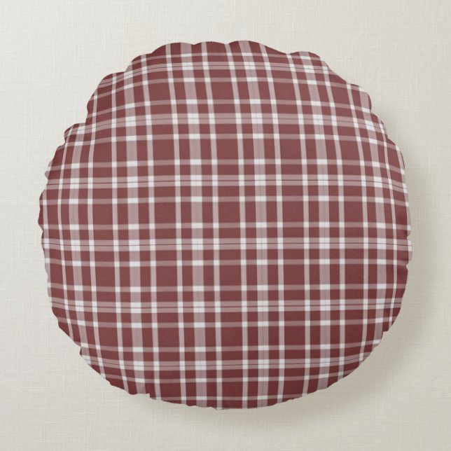 Burgundy Marsala Plaid Round Pillow (Front)