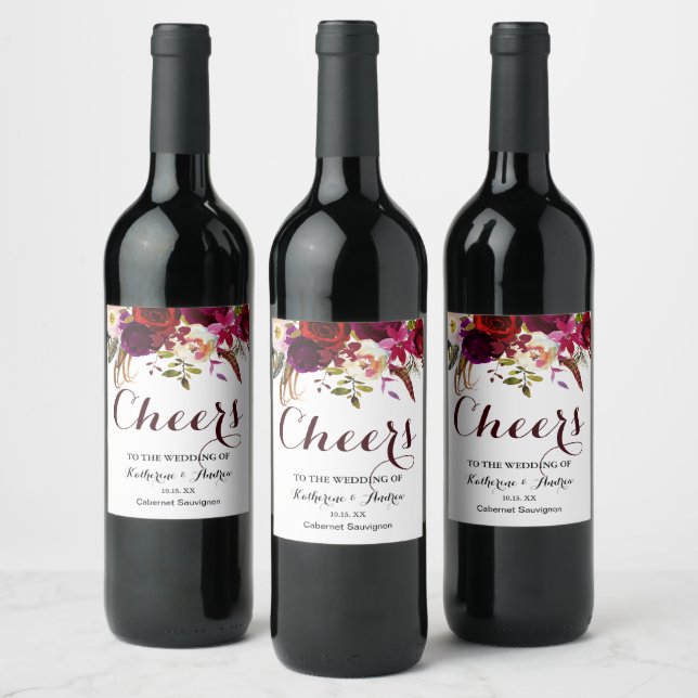Burgundy Marsala Red Boho Floral Cheers Wedding Wine Label (Bottles)