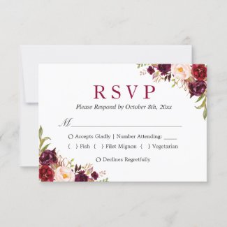 Burgundy Marsala Red Floral Autumn Wedding RSVP