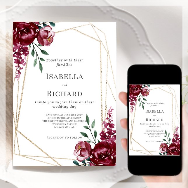  Burgundy | Marsala Red Floral Wedding Invitation (Creator Uploaded)