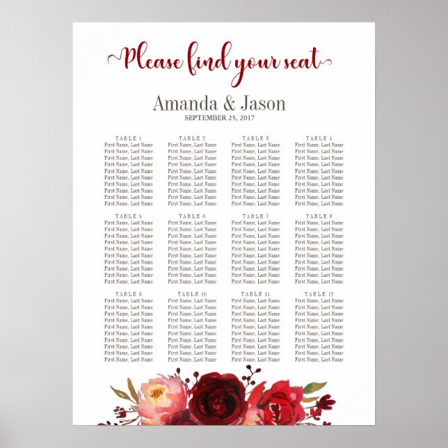 Burgundy Marsala Red Floral Wedding seating chart (Front)