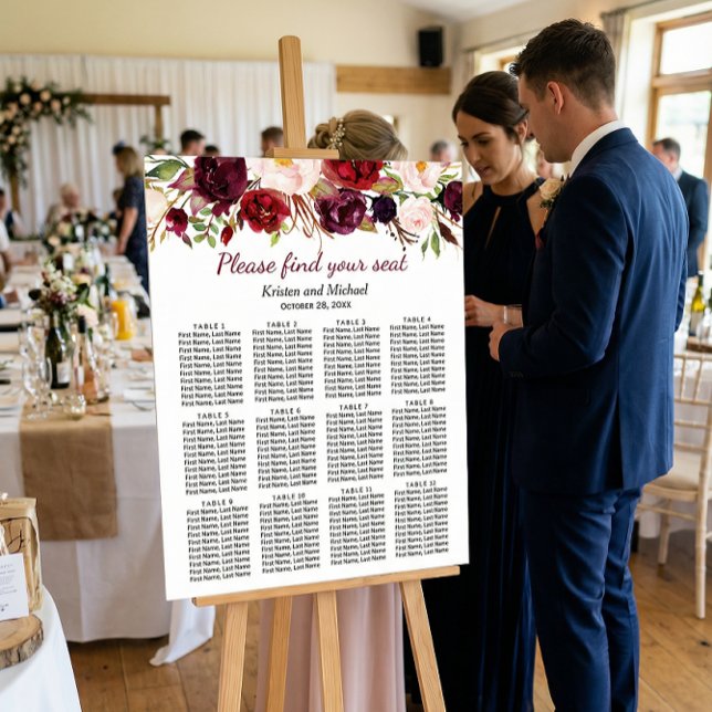 Burgundy Marsala Red Floral Wedding Seating Chart (Creator Uploaded)
