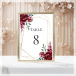 Burgundy | Marsala Red Floral Wedding  Table Number<br><div class="desc">Customizable wedding table number in clean white. Featuring burgundy,  marsala,  carmine floral bouquet with a gold geometric frame.</div>