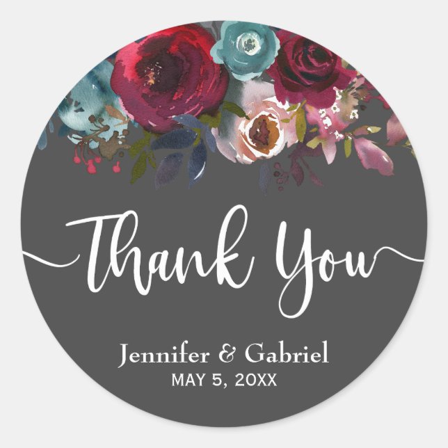 Burgundy Marsala Red Navy Floral Wedding Thank You Classic Round Sticker (Front)