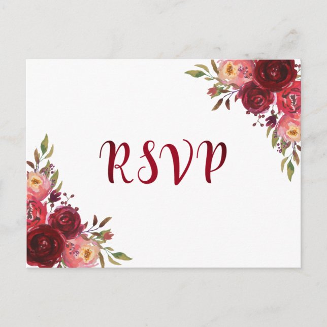 Burgundy Marsala Red Roses Floral RSVP Invitation Postcard (Front)