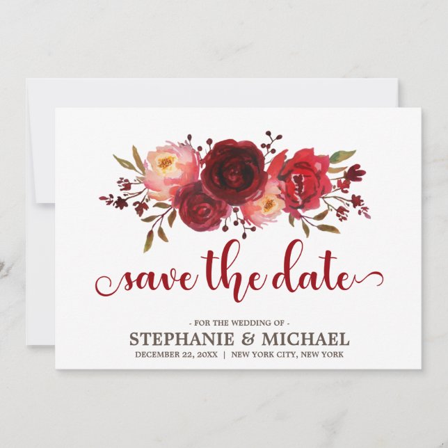 Burgundy Marsala Red Roses Floral save the date (Front)
