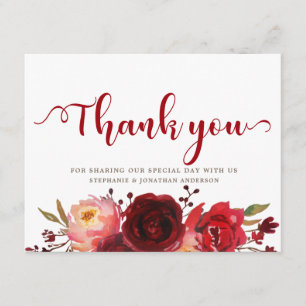 Burgundy Marsala Red Roses Floral Thank you Card
