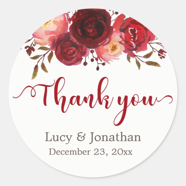 Burgundy Marsala Red Roses Floral Thank You Classic Round Sticker (Front)