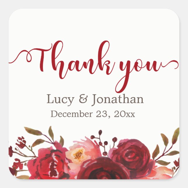 Burgundy Marsala Red Roses Floral Thank You Square Sticker (Front)