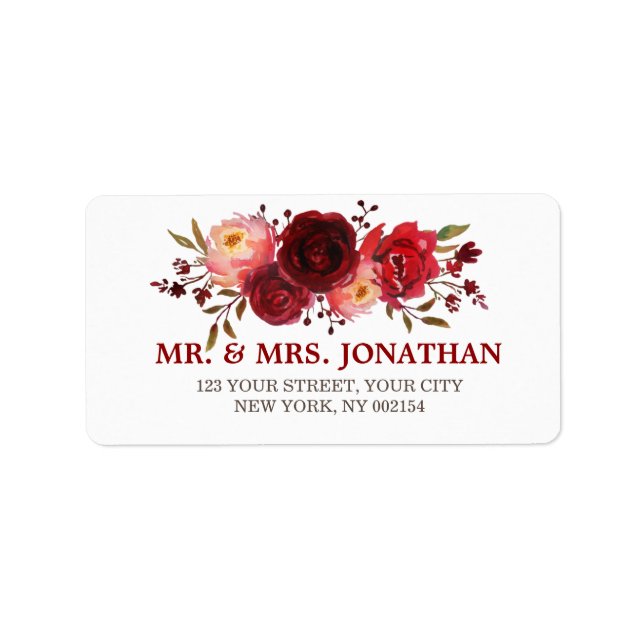 Burgundy Marsala Red Roses Floral Wedding Address Label (Front)