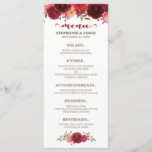 Burgundy Marsala Red Roses Floral Wedding Menu