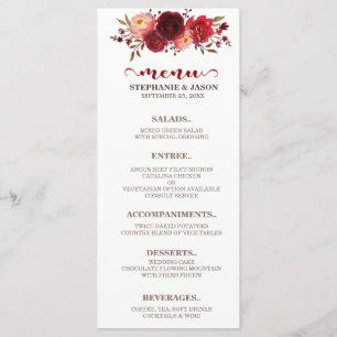 Burgundy Marsala Red Roses Floral Wedding Menu