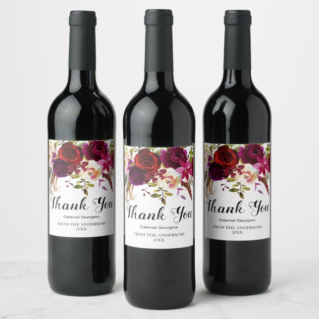 Burgundy Marsala Red Rustic Boho Floral Thank You Wine Label (Bottles)