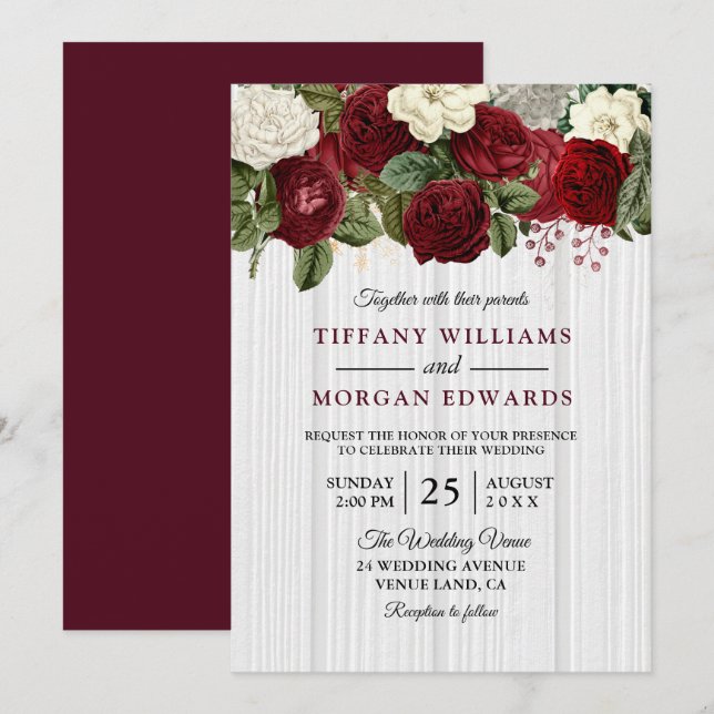 Burgundy Marsala Red White Floral Wedding Invite (Front/Back)