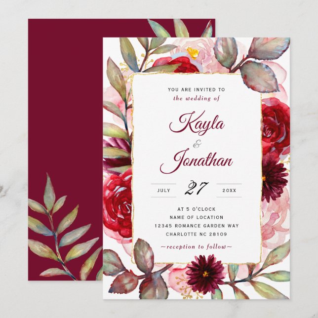 Burgundy Marsala Rose Gold and Blush Wedding Invitation (Front/Back)