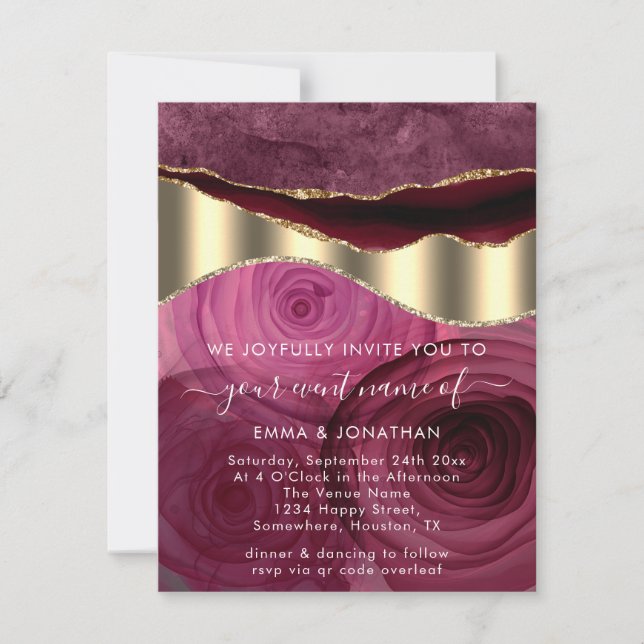 Burgundy Marsala Roses Border QR Code Gold Glitter (Front)