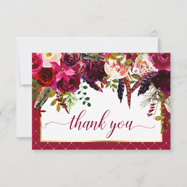 Burgundy Marsala Rustic Floral Chic Thank You (Front)