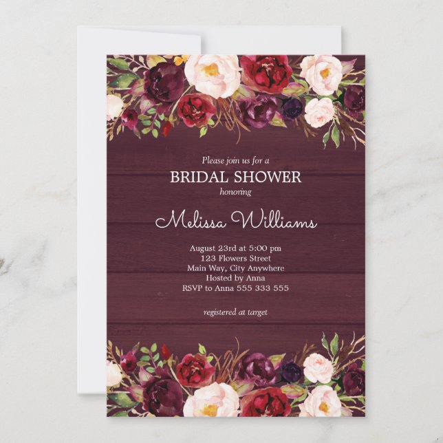 Burgundy Marsala Rustic Wood Country Bridal Shower Invitation (Front)